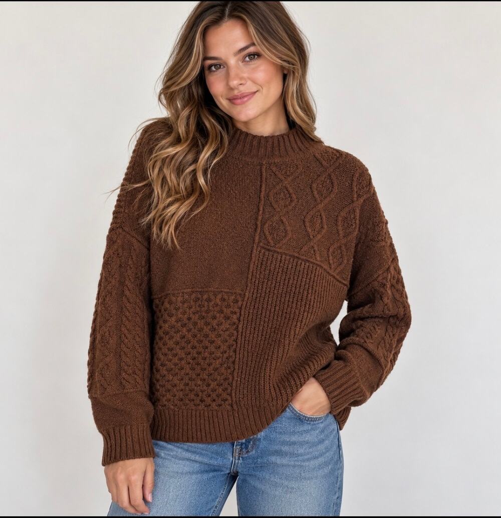 American Eagle Women’s L Brown Patchwork Knit Mock Neck Sweater
